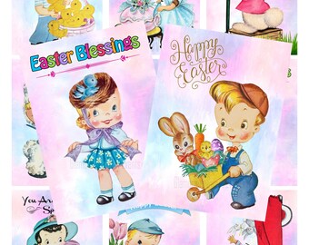 INSTANT DOWNLOAD, Vintage Easter Cards, Easter Labels, Easter Tags, Easter Children, Printable, Collage sheet