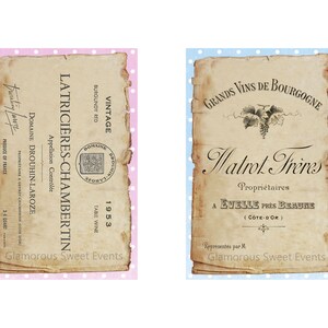 May include: Two vintage-style wine labels with a distressed paper effect. One label is for "Latrici&egrave;res-Chambertin" Burgundy Red wine, and the other is for "Grands Vins de Bourgogne." Both labels feature elegant typography and are set against polka dot backgrounds.