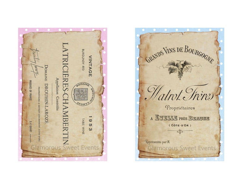 May include: Two vintage-style wine labels with a distressed paper effect. One label is for "Latrici&egrave;res-Chambertin" Burgundy Red wine, and the other is for "Grands Vins de Bourgogne." Both labels feature elegant typography and are set against polka dot backgrounds.