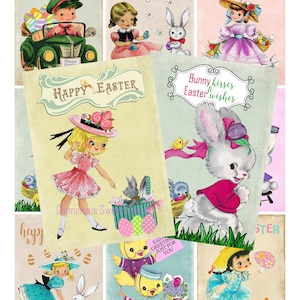 SOFORTIGER DOWNLOAD, 3,5 x 2,5 Vintage Osterkarten, digitale Collage Sheet, Osterkarten für Kinder, Ostern Tags, printable