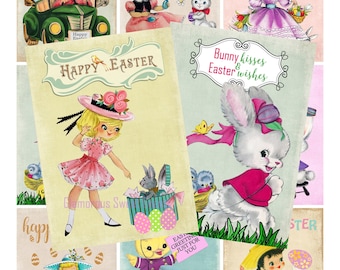 INSTANT DOWNLOAD, 3.5 x 2.5 Vintage Easter Cards, Digital Collage Sheet, Children's Easter Cards, Easter Tags, Printable