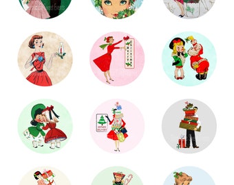 INSTANT DOWNLOAD, 2 Inch Vintage Christmas Circles, set of 12, Printable Collage Sheet