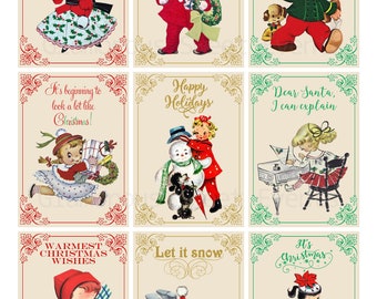 DIREKT NEDLADDNING, Vintage julkort, juletiketter, retro julbarn, utskrivbart collageark