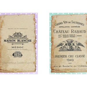 May include: Two vintage-style wine labels with a distressed paper effect. One label reads "Chateau Maison Blanche, France, M&eacute;doc." The other label says "Ch&acirc;teau Rabaud, Premier Cru Class&eacute; 1949." Both labels have decorative elements.