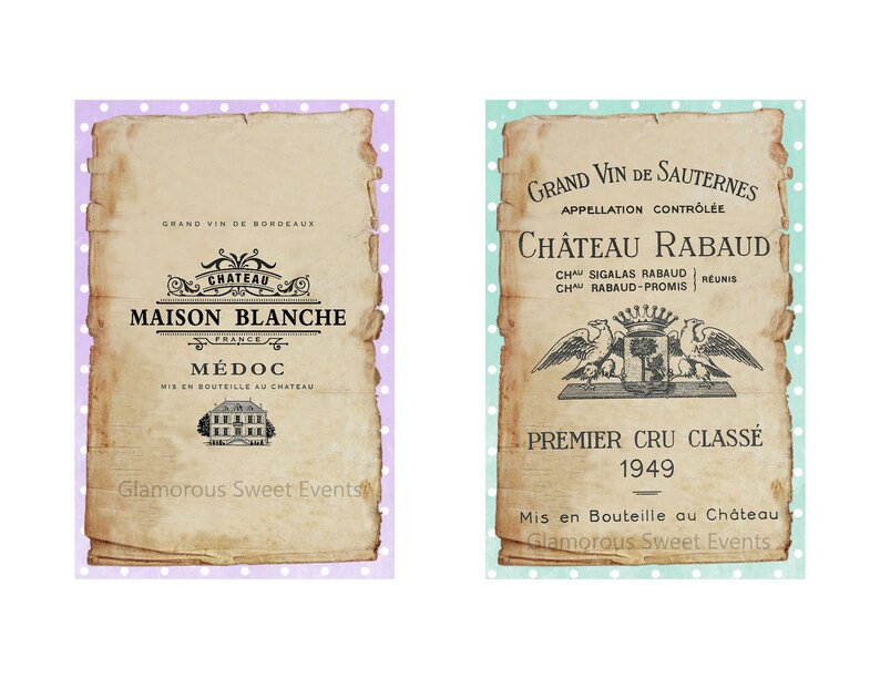 May include: Two vintage-style wine labels with a distressed paper effect. One label reads "Chateau Maison Blanche, France, M&eacute;doc." The other label says "Ch&acirc;teau Rabaud, Premier Cru Class&eacute; 1949." Both labels have decorative elements.