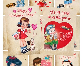 May include: A collection of vintage Valentine's Day cards with illustrations of children, hearts, and romantic phrases. The cards feature a retro aesthetic with soft colors and charming designs, perfect for expressing love.