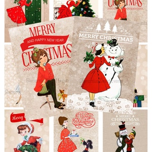 May include: A set of nine vintage Christmas cards featuring illustrations of women, snowmen, and other holiday imagery. The cards have a rustic, vintage aesthetic and feature the text "Merry Christmas" and "Merry and Happy New Year".