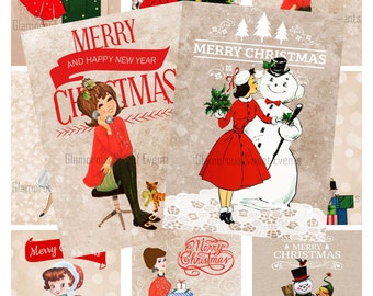 INSTANT DOWNLOAD, Retro Christmas Tags, Retro Christmas Labels, Christmas Tags, Vintage Christmas Tags, Christmas Collage Sheet