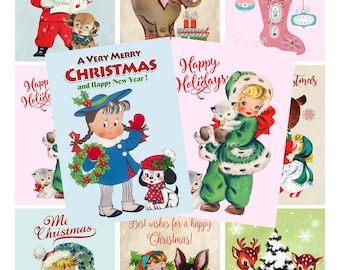 INSTANT DOWNLOAD, Printable Vintage Christmas cards, Christmas Tags, Digital Retro Children,Collage Sheet
