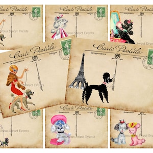 INSTANT DOWNLOAD, Vintage Paris Postcards, Poodle Postcards, Collage Sheet, France Postcards, French Poodle Cards, ATC, Printable