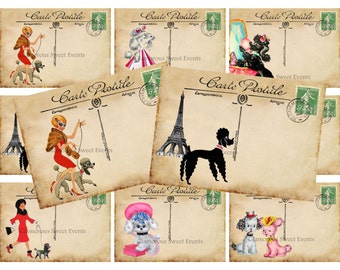 INSTANT DOWNLOAD, Vintage Paris Postcards, Poodle Postcards, Collage Sheet, France Postcards, French Poodle Cards, ATC, Printable