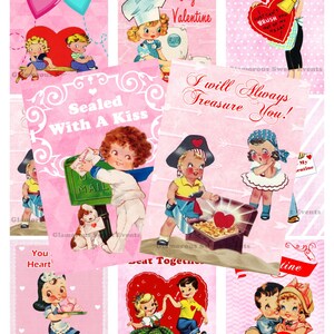 INSTANT DOWNLOAD, Vintage Valentine Cards, Valentine Labels, Valentine Collage Sheet, Atc Aceo, Retro  Valentine Children, Printable