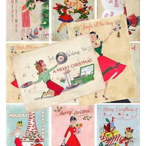 INSTANT DOWNLOAD, 3.5 x 2.5 Retro Christmas Ladies, Printable Collage Sheet, Vintage Christmas Cards, Retro Christmas Labels