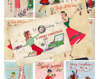 INSTANT DOWNLOAD, 3.5 x 2.5 Retro Christmas Ladies, Printable Collage Sheet, Vintage Christmas Cards, Retro Christmas Labels