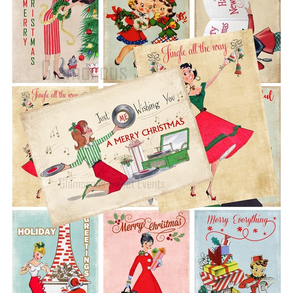 INSTANT DOWNLOAD, 3.5 x 2.5 Retro Christmas Ladies, Printable Collage Sheet, Vintage Christmas Cards, Retro Christmas Labels