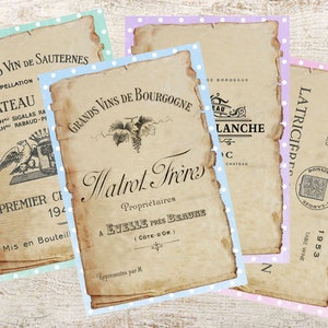 INSTANT DOWNLOAD, (4) vintage Franse wijnetiketten, 6 "x 4" inch groot. afdrukbaar