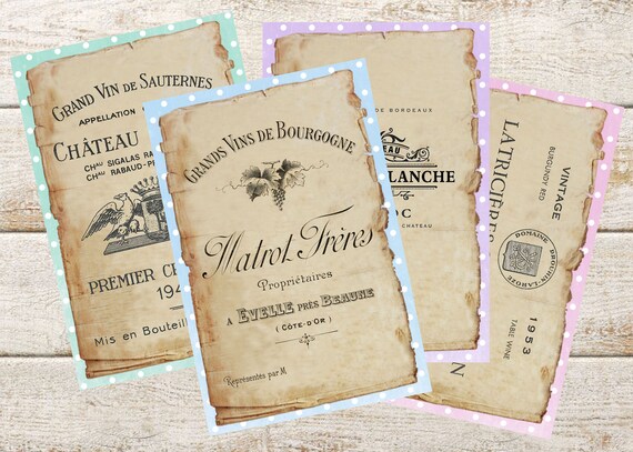 INSTANT DOWNLOAD, (4) vintage french wine labels, 6"x4" Inches in size. printable