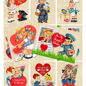 Valentine Printable Vintage Valentine Cards, Retro Valentine Cards, Children&#39;s Valentine cards, Printable Collage Sheet, Atc Aceo
