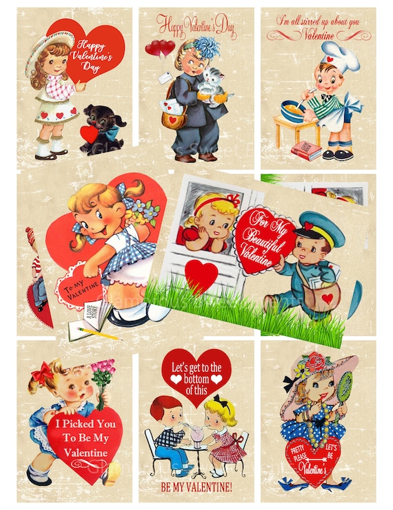 Valentine Printable Vintage Valentine Cards, Retro Valentine Cards,  Children's Valentine cards, Printable Collage Sheet, Atc Aceo