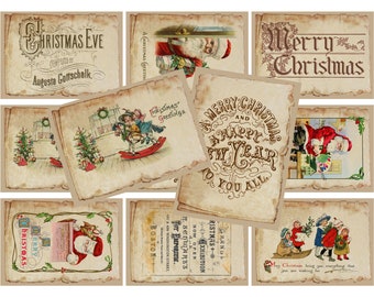May include: A collage of vintage Christmas cards featuring Santa Claus, children, and festive greetings. The cards have a distressed, aged look and are printed on a cream-colored background.