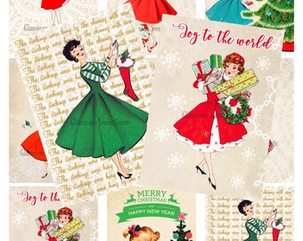 Direktnedladdning, Digitalt collageark, Retro juletiketter, Juletiketter, Utskrivbar
