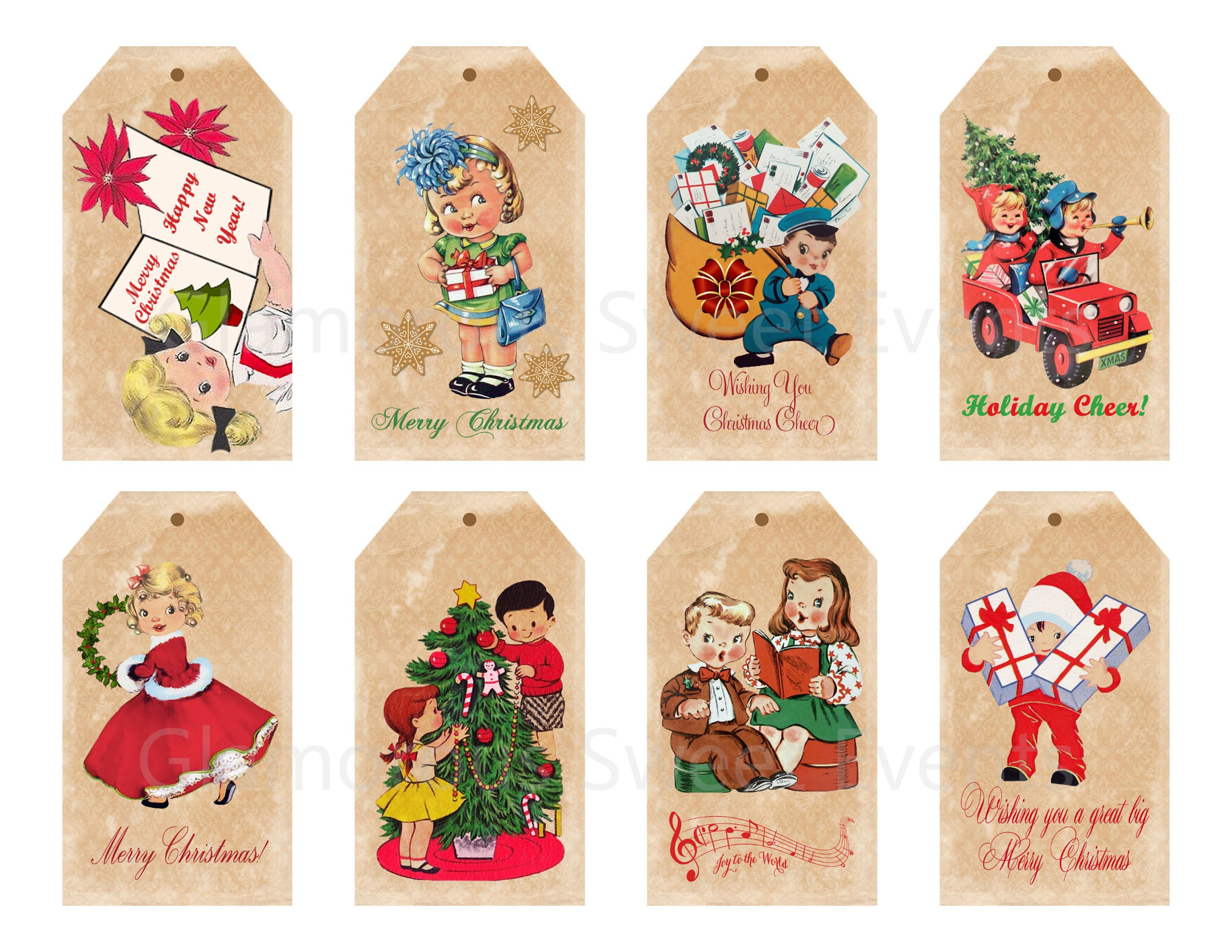 Printable Vintage Christmas STICKERS! - Digital File Instant Download-  retro holiday, stockings, snow globe, ice skates, presents, packages
