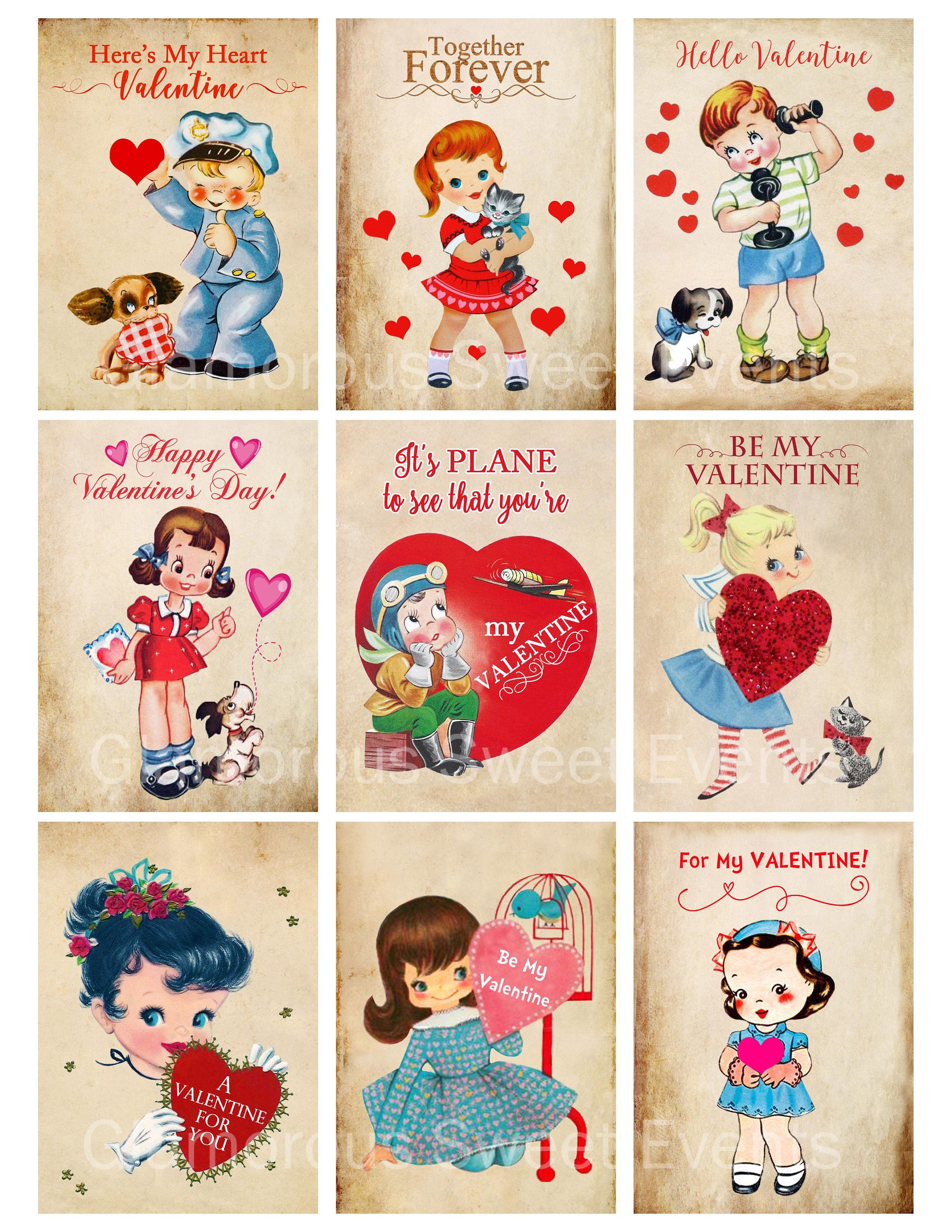 instant download, vintage valentine cards, retro kids valentine