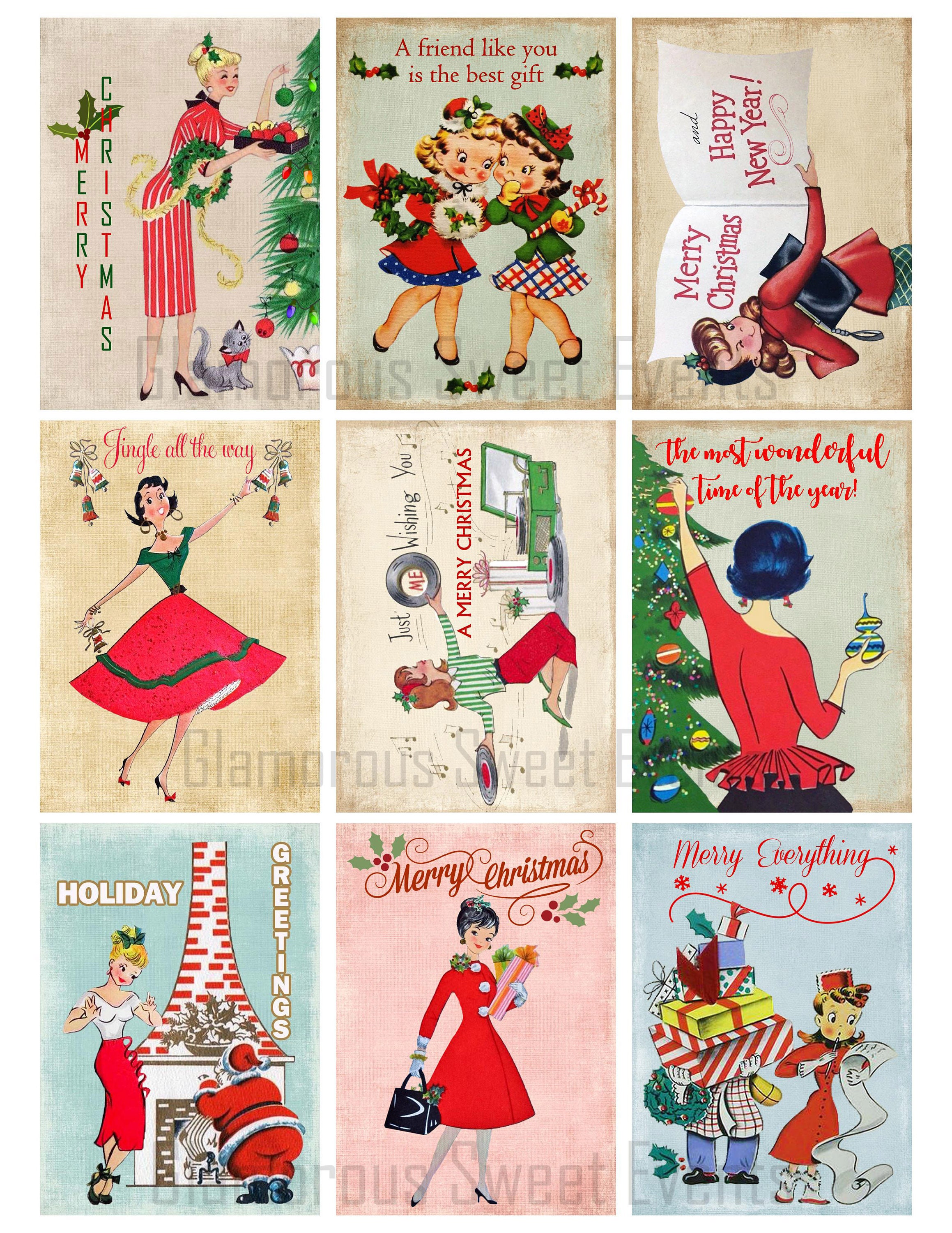 INSTANT DOWNLOAD, 3.5 x 2.5 Retro Christmas Ladies, Printable Collage Sheet, Vintage Christmas Cards, Retro Christmas Labels