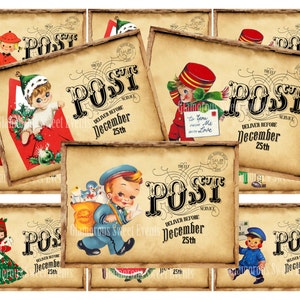 Może przedstawiać: Kolaż poczt&oacute;wek świątecznych w stylu vintage. Każda karta zawiera słowo "POST" w ozdobnej czcionce, wraz z ilustracjami elf&oacute;w i dzieci dostarczających pocztę. Tekst "Deliver Before December 25th" jest r&oacute;wnież obecny.