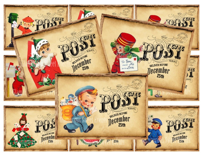 Może przedstawiać: Kolaż poczt&oacute;wek świątecznych w stylu vintage. Każda karta zawiera słowo "POST" w ozdobnej czcionce, wraz z ilustracjami elf&oacute;w i dzieci dostarczających pocztę. Tekst "Deliver Before December 25th" jest r&oacute;wnież obecny.
