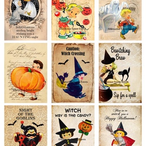 K&ouml;nnte beinhalten: Neun vintage Halloween-Karten zum Ausdrucken mit Illustrationen von Kindern in Kost&uuml;men, K&uuml;rbissen und Hexen. Die Karten haben Texte wie "Happy Halloween!" und "Witch way is the candy?"