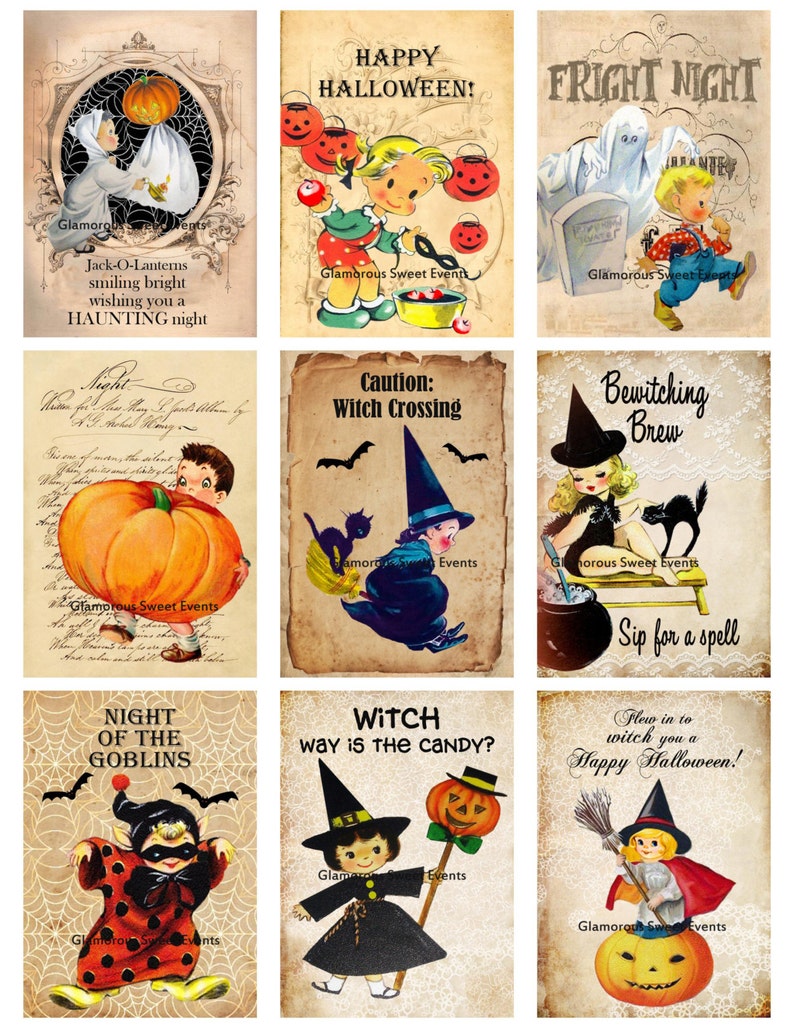 K&ouml;nnte beinhalten: Neun vintage Halloween-Karten zum Ausdrucken mit Illustrationen von Kindern in Kost&uuml;men, K&uuml;rbissen und Hexen. Die Karten haben Texte wie "Happy Halloween!" und "Witch way is the candy?"