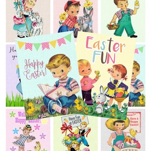 SOFORTIGER DOWNLOAD, Vintage Osterkarten, Vintage Osteretiketten, Osterkinder, druckbare Collage Sheet