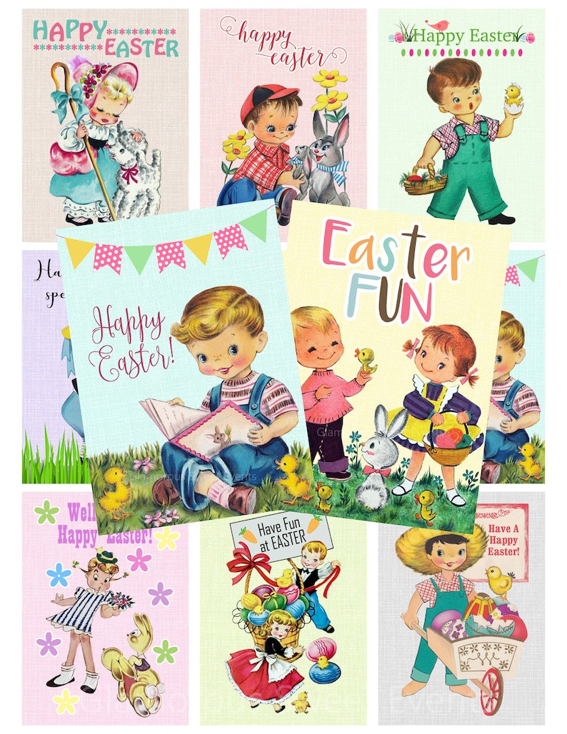 May include: A collage of vintage Easter cards featuring children and bunnies. The cards have a pastel color scheme and feature text such as "Happy Easter!" and "Easter Fun".