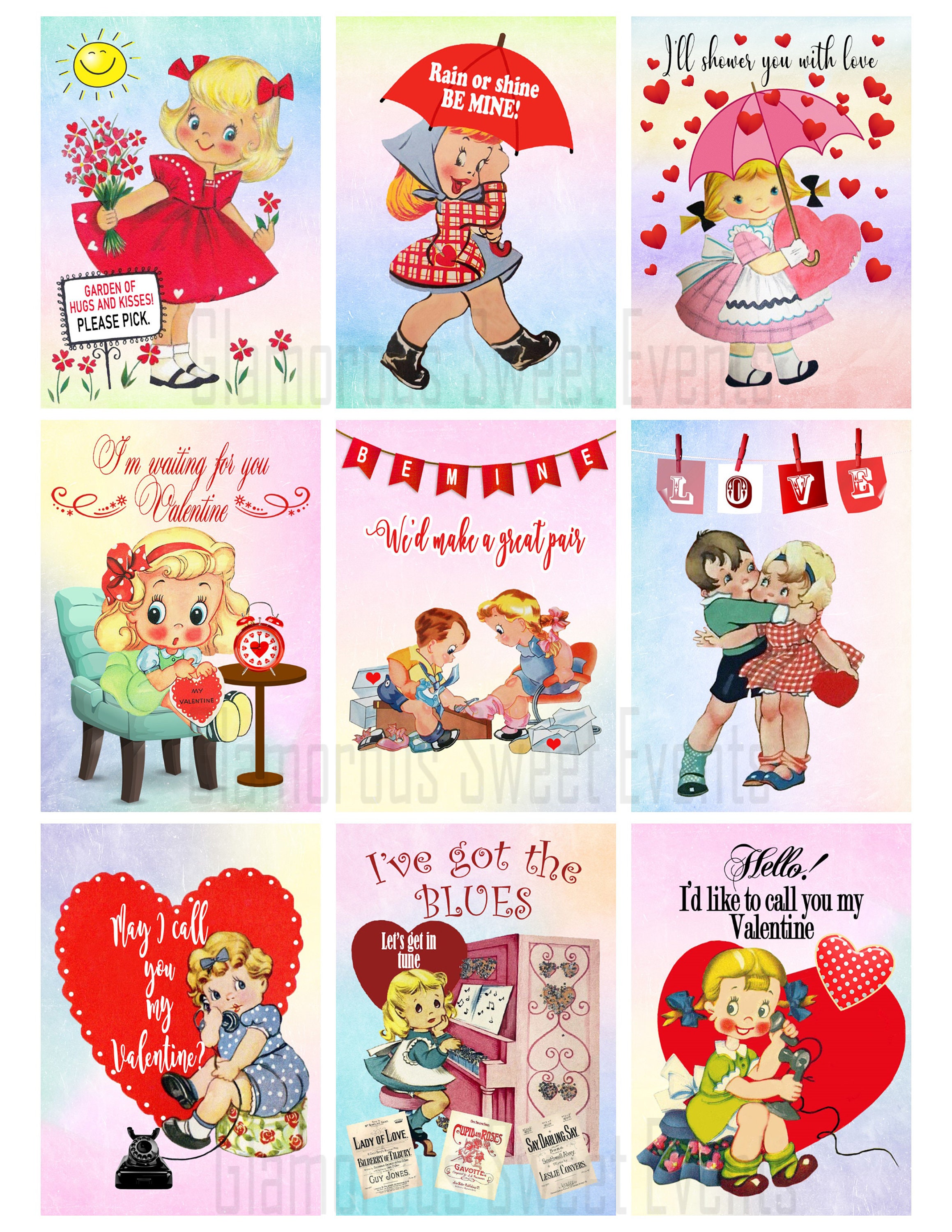 INSTANT DOWNLOAD, Vintage Valentine Cards, Valentine Children, Printable  Collage Sheet 