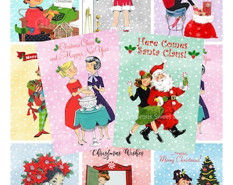 TÉLÉCHARGEMENT IMMÉDIAT, cartes de Noël rétro, cartes de Noël vintage, étiquettes de Noël, feuille de collage imprimable