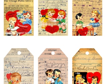INSTANT DOWNLOAD,  Valentine Library Tags, Kids Valentine Cards, Valentine Cards, Vintage Valentine Labels, Vintage Library Tags, Printable