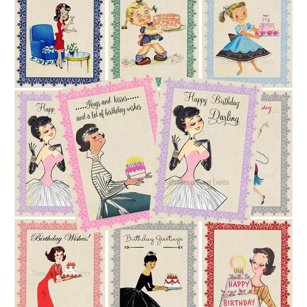 INSTANT DOWNLOAD, Vintage Birthday Cards, Retro Birthday Cards, Digital Collage Sheet, Printable