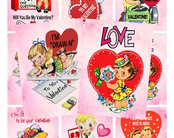 May include: A set of vintage Valentine's Day cards featuring illustrations of children with hearts, flowers, and romantic messages. The cards have a pink background and feature text such as "Will You Be My Valentine?", "To My Valentine", "I'm "Draw-N"", "Love", "You're a Hit with Me", "I'm Your Heart Next to Mine", and "G to be your Valentine".