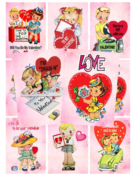 INSTANT DOWNLOAD, Vintage Valentine Cards, Valentine Labels, Digital  Collage Sheet 