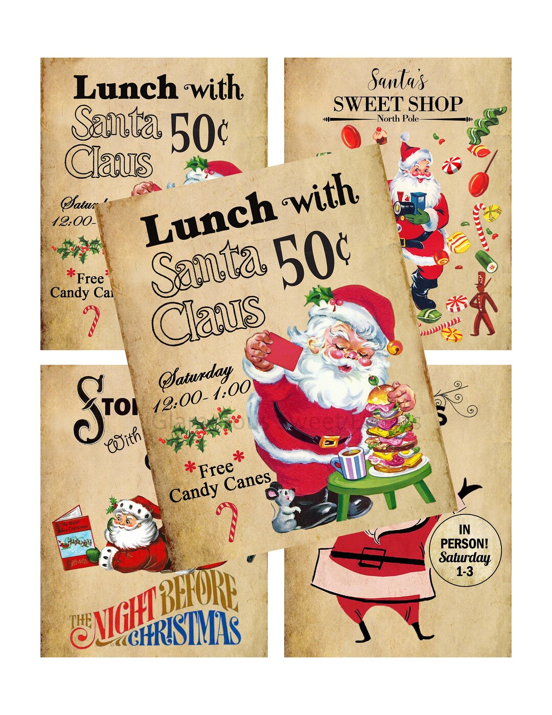 INSTANT DOWNLOAD, 3.5x4.5 Vintage Santa Claus Cards, Christmas Cards, Digital Collage Sheet ...