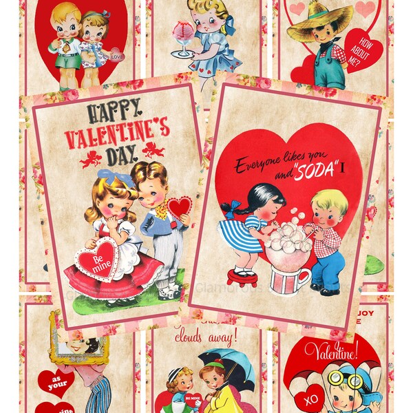 INSTANT DOWNLOAD, Vintage Valentine Cards, Valentine Labels, Digital Collage Sheet, Retro Valentine Children, Printable, Atc, Aceo