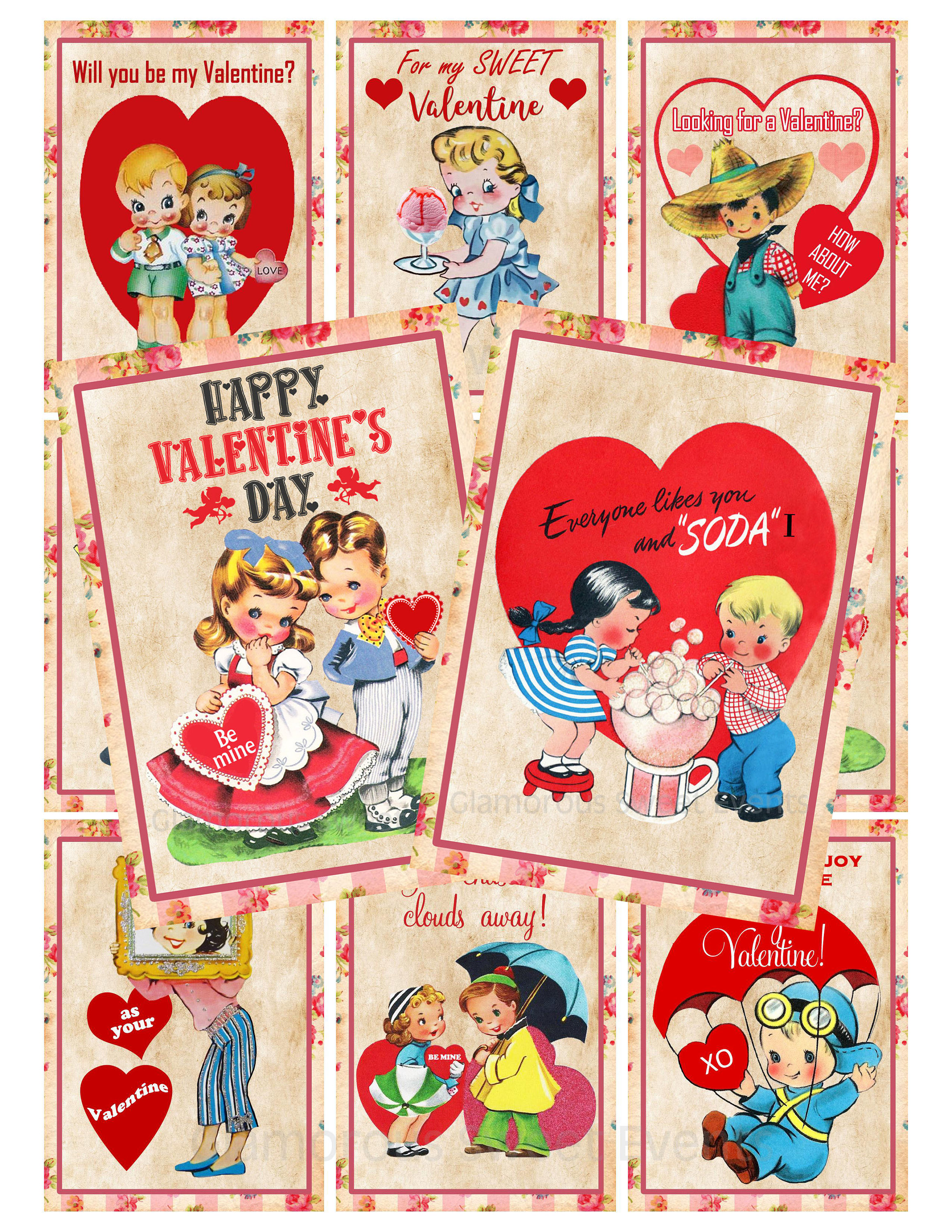INSTANT DOWNLOAD, Vintage Valentine Cards, Valentine Labels, Digital  Collage Sheet, Retro Valentine Children, Printable, Atc, Aceo 
