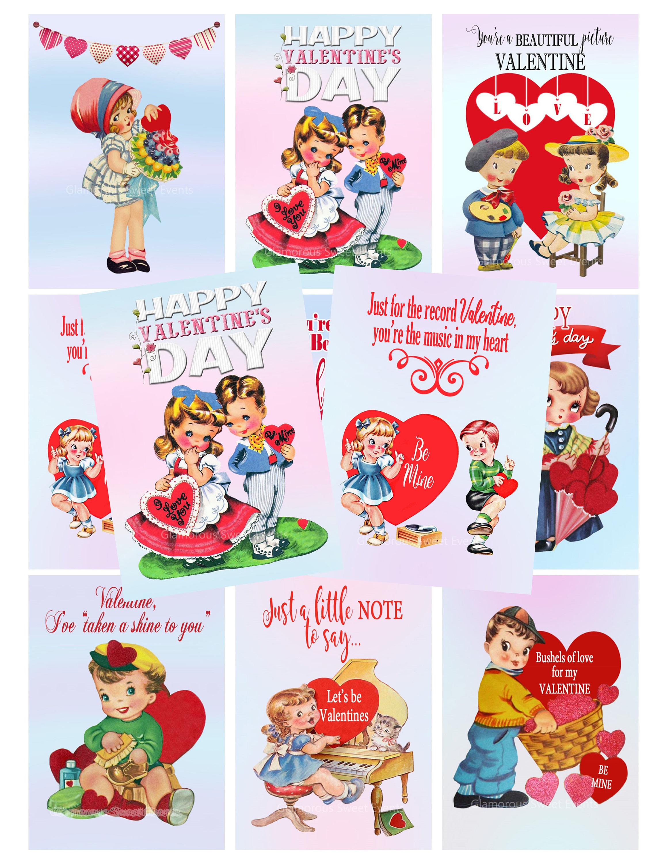 INSTANT DOWNLOAD, Vintage Valentine Cards, Retro Valentine Cards