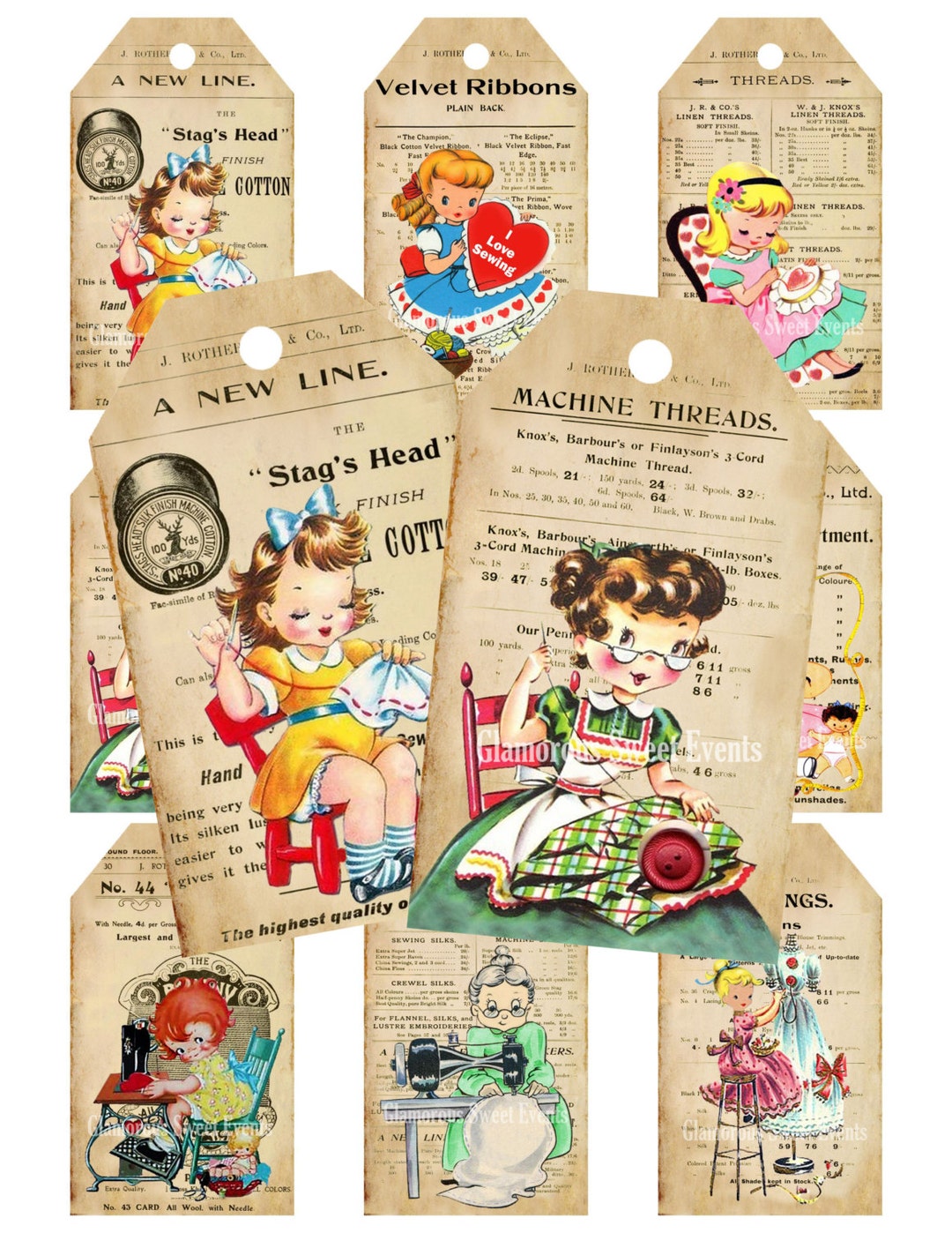 INSTANT DOWNLOAD, Vintage Sewing Tags, Printable Sewing Tags, Sewing ...