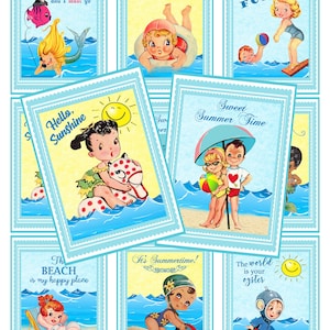 DESCARGA INSTANTE, tarjetas retro de verano para niños, tarjetas de playa, etiquetas de verano, hoja de collage imprimible, Atc Aceo