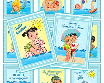 INSTANT DOWNLOAD, retro children summer cards, beach cards, Summer labels, printable collage sheet, Atc Aceo