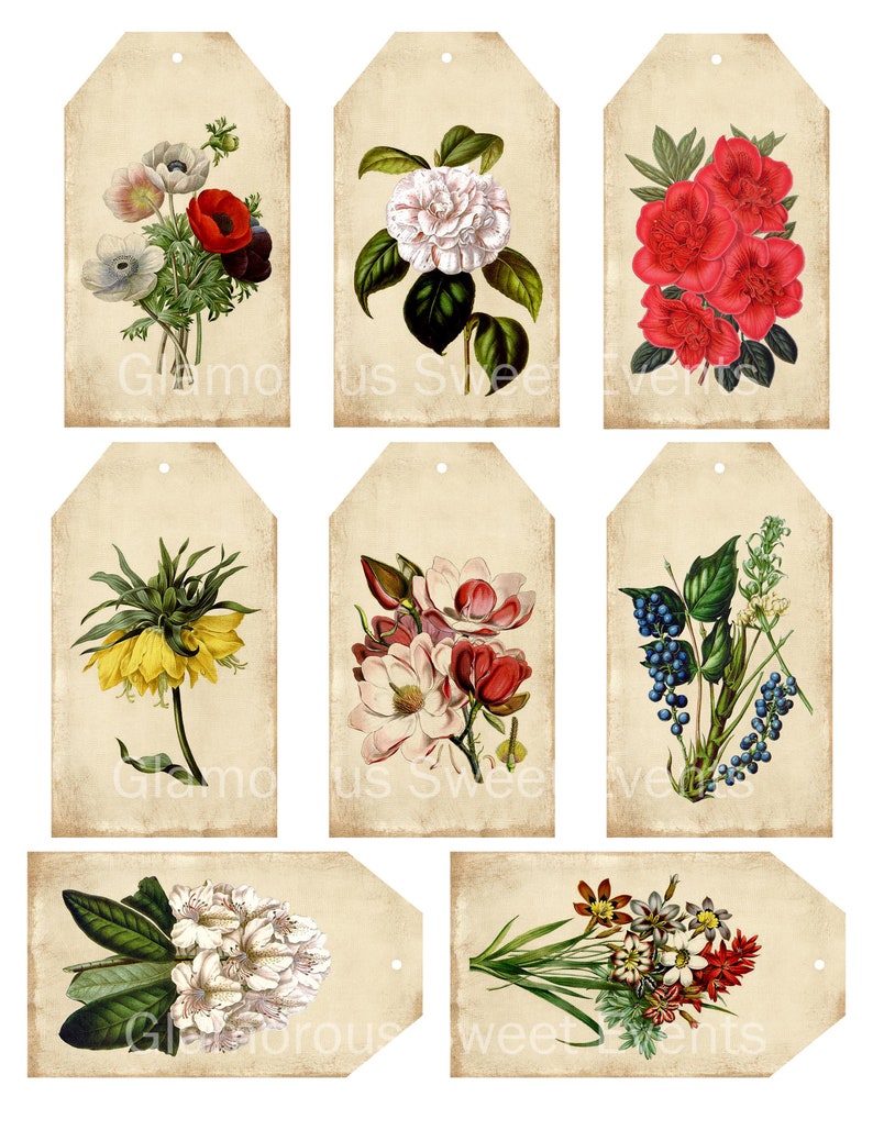 Azalea Tags INSTANT DOWNLOAD, Vintage Flower Tags, Vintage Gift Tags, Printable ...