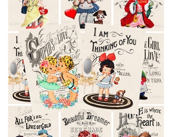 INSTANT DOWNLOAD, Vintage Valentine Cards, Valentine Labels, Printable Digital Collage Sheet, Retro Valentine Kids, Atc, Aceo