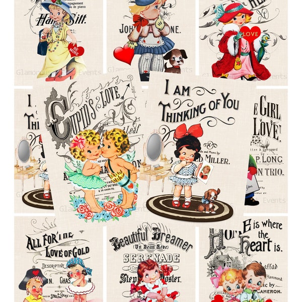 INSTANT DOWNLOAD, Vintage Valentine Cards, Valentine Labels, Printable Digital Collage Sheet, Retro Valentine Kids, Atc, Aceo